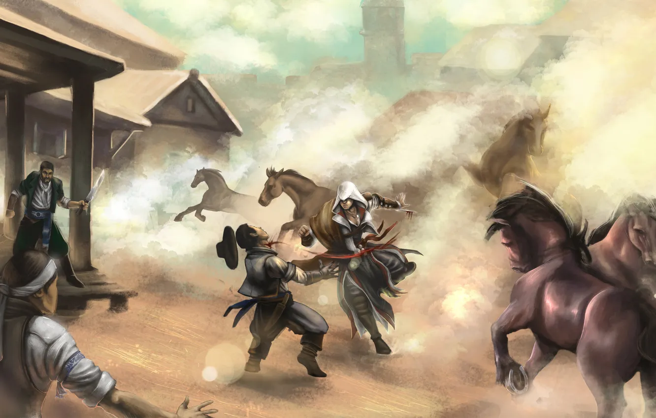 Photo wallpaper horse, smoke, village, the bandits, assassins creed