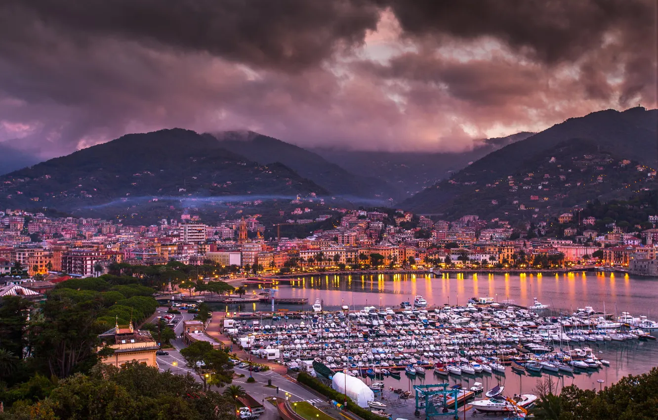 Photo wallpaper sea, mountains, the city, Bay, the evening, yacht