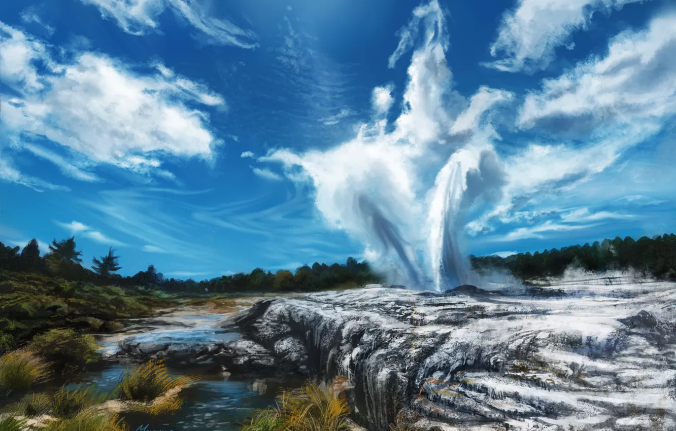 Photo wallpaper grass, river, stones, geyser, painted landscape