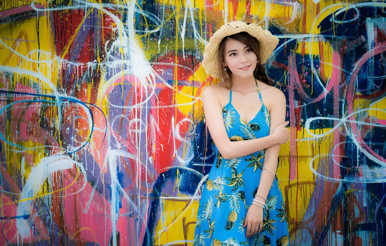 Photo wallpaper girl, wall, graffiti, hat, Asian, cutie