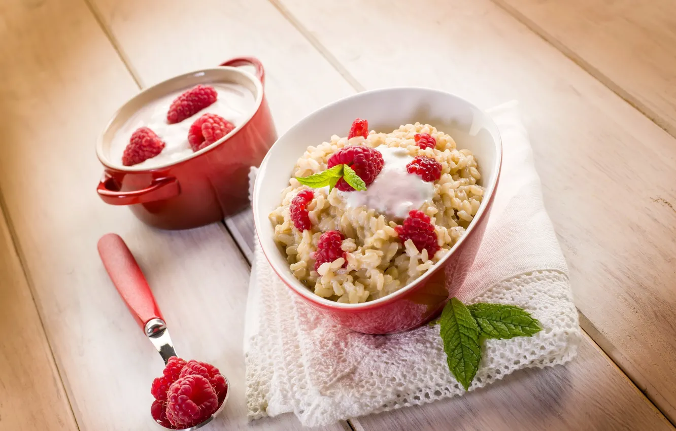 Photo wallpaper raspberry, food, Breakfast, cream, spoon, Cup, pan, porridge