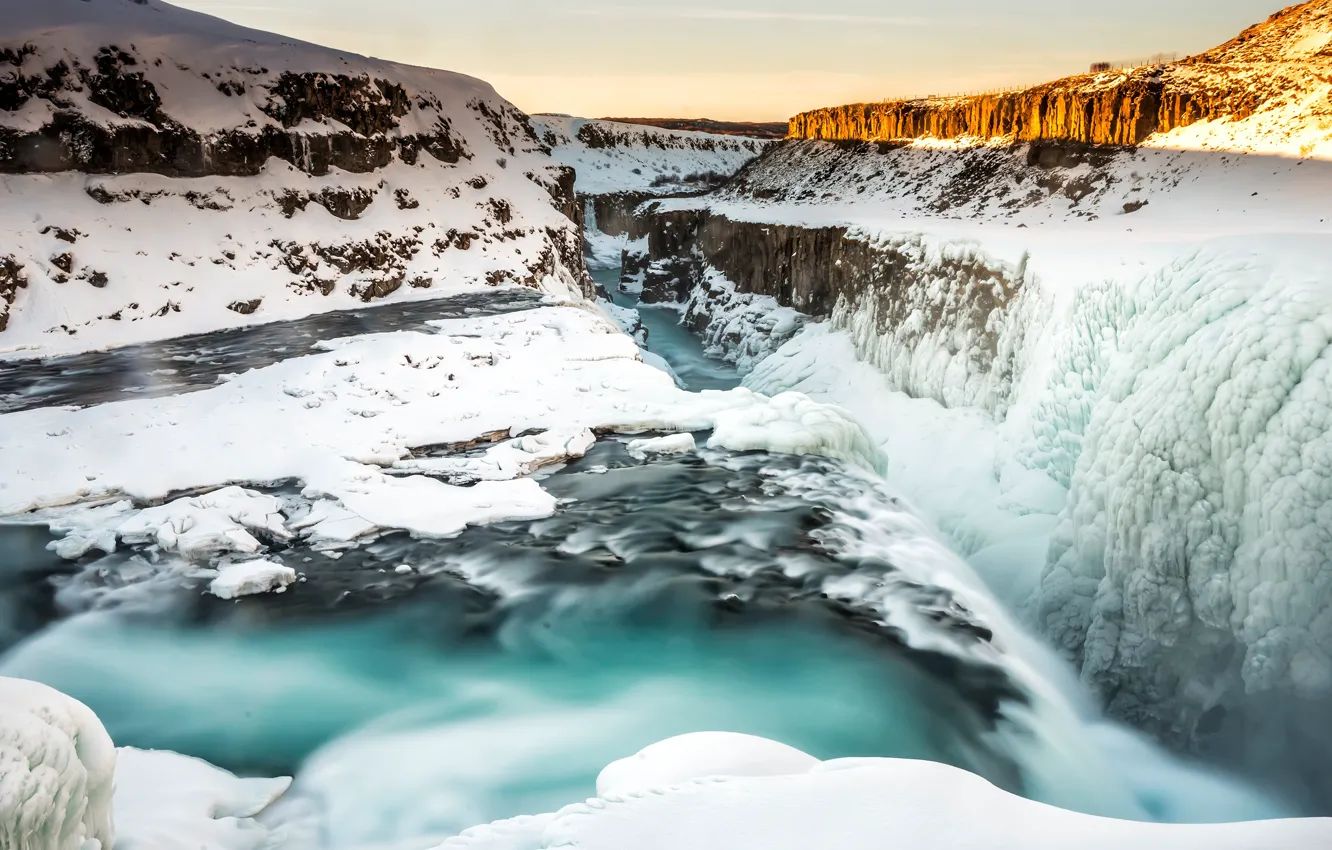 Photo wallpaper cold, winter, the sky, water, snow, landscape, mountains, nature