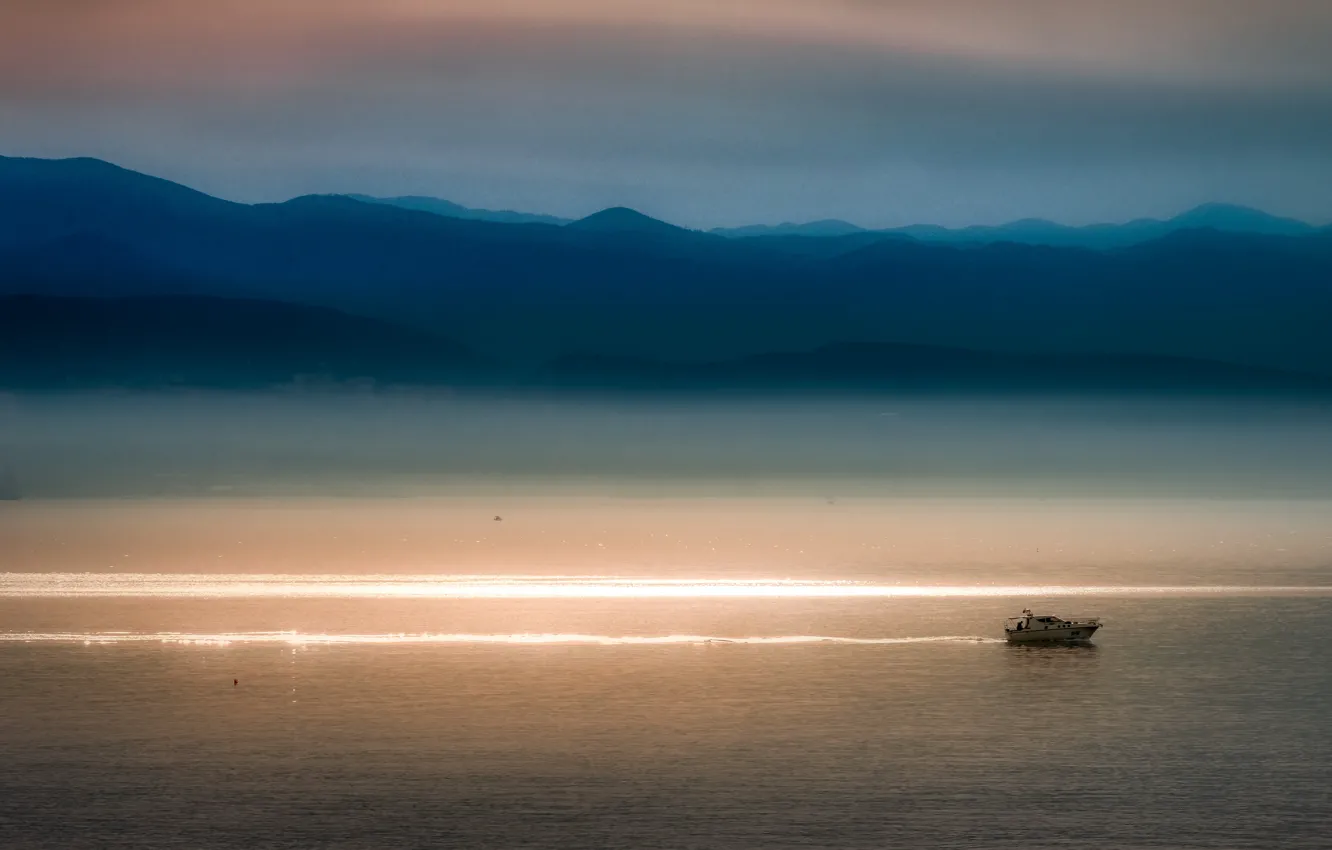 Photo wallpaper sunset, yacht, bay, Kvarner, silhouette, evening, sea