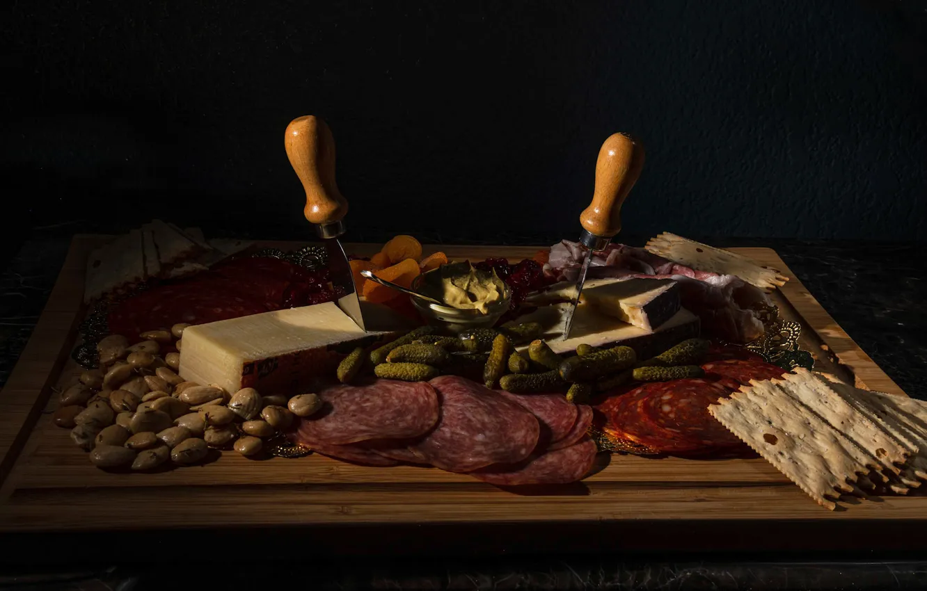Photo wallpaper light, table, food, cheese, bowl, black background, still life, sausage