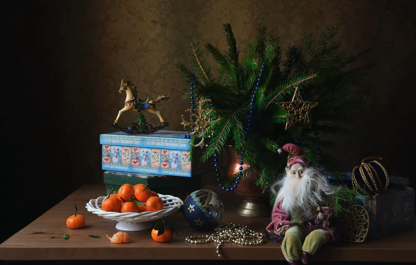 Photo wallpaper stars, balls, snowflakes, branches, table, box, gift, toy