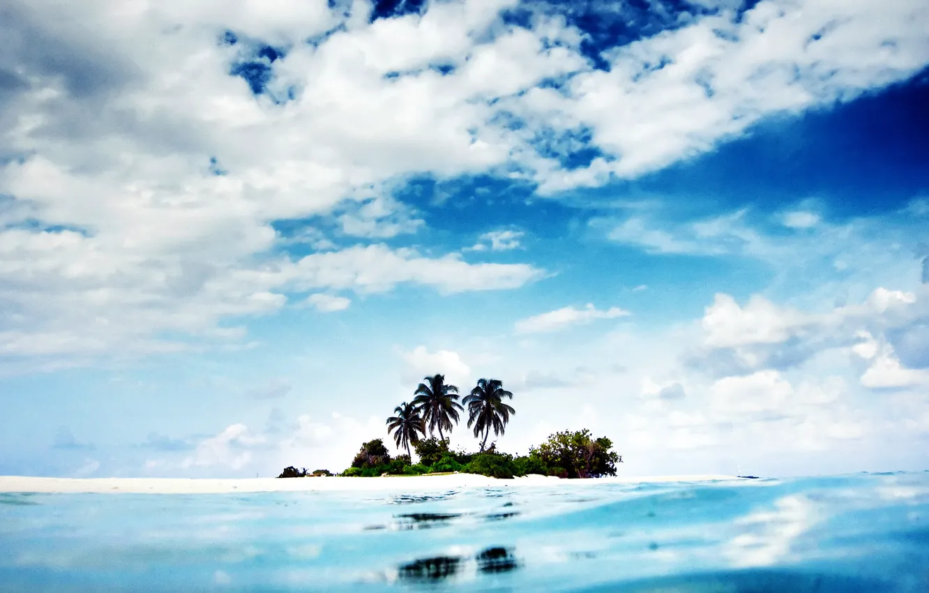 Photo wallpaper the sky, water, clouds, landscape, palm trees, the ocean, island, Nature
