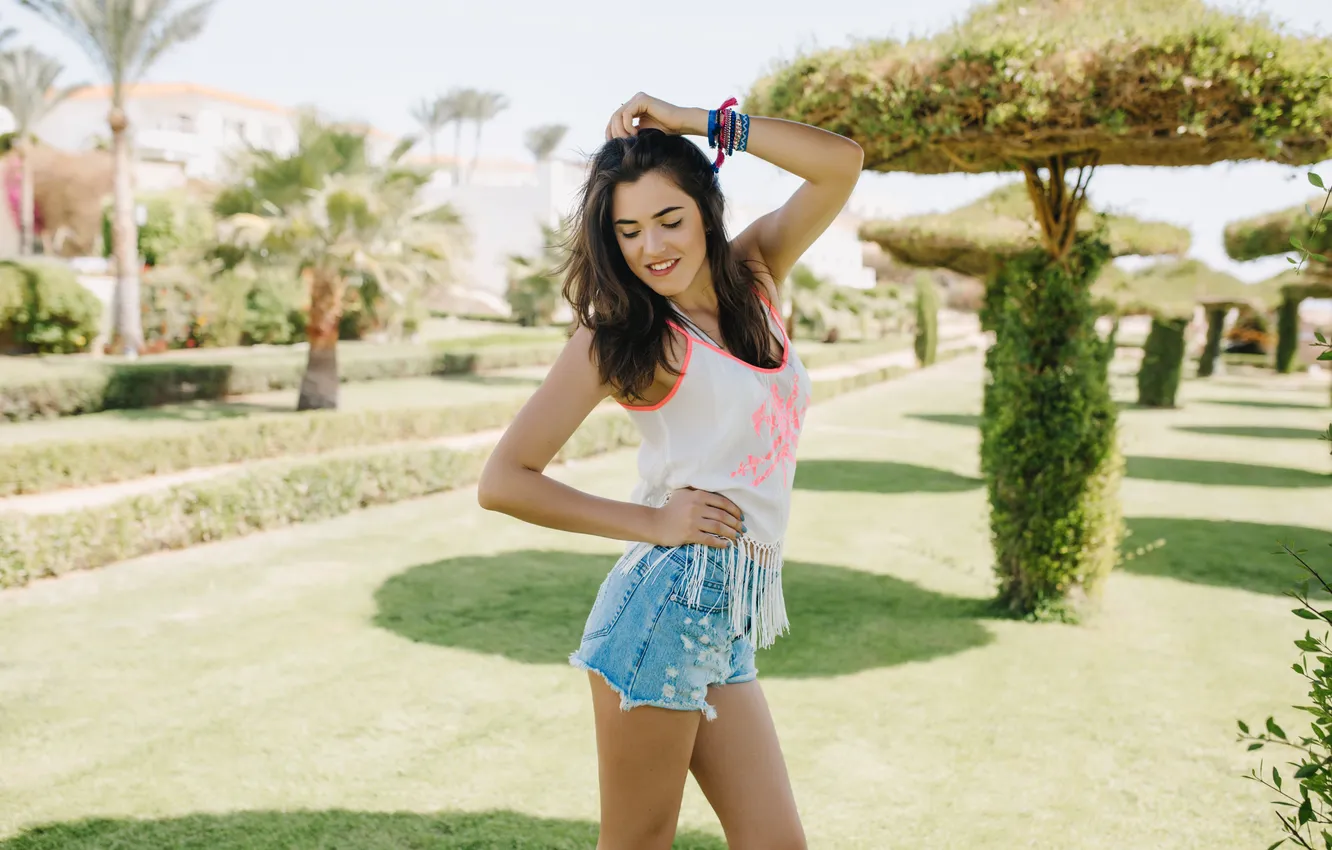 Photo wallpaper girl, shorts, brunette, Denim, posing, slim, Charming