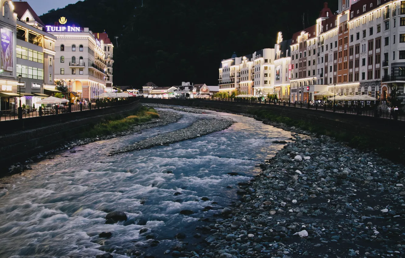 Photo wallpaper mountains, river, stay, the hotel, Sochi, Sochi, Rosa Khutor, Adler
