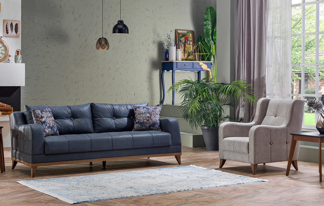 Photo wallpaper style, room, interior, sofa, living room, chair, fireplace, design