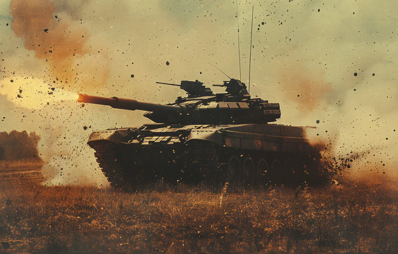 Photo wallpaper squirt, lights, retro, smoke, dust, shot, tank, digital art