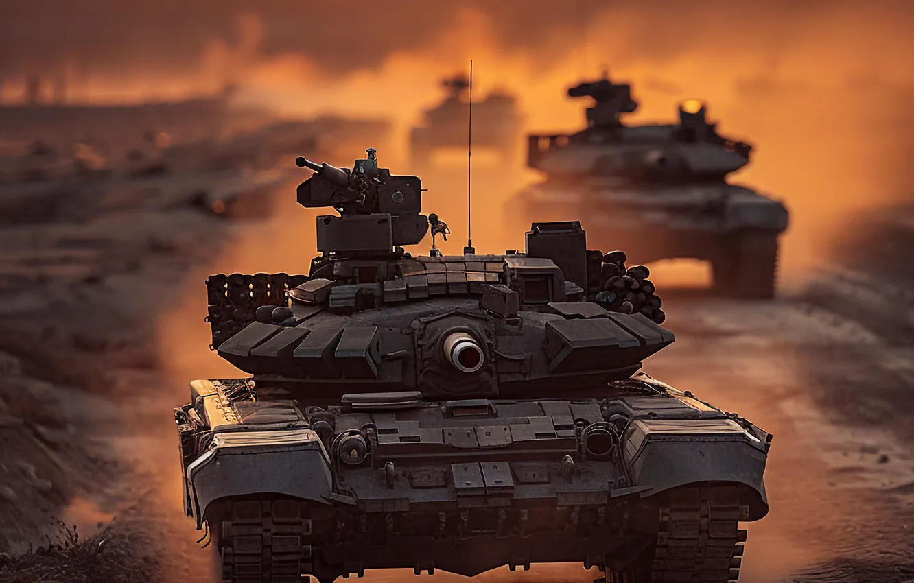 Photo wallpaper dawn, dust, tank, columns, digital art, AI art, The Art of Artificial Intelligence, neural network