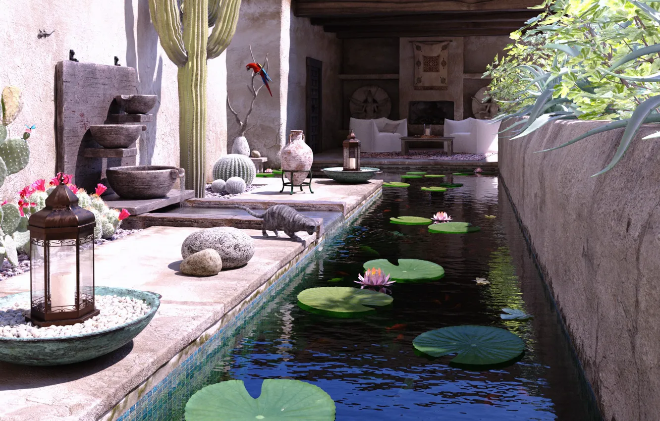 Photo wallpaper cat, parrot, pond, villa, bassin