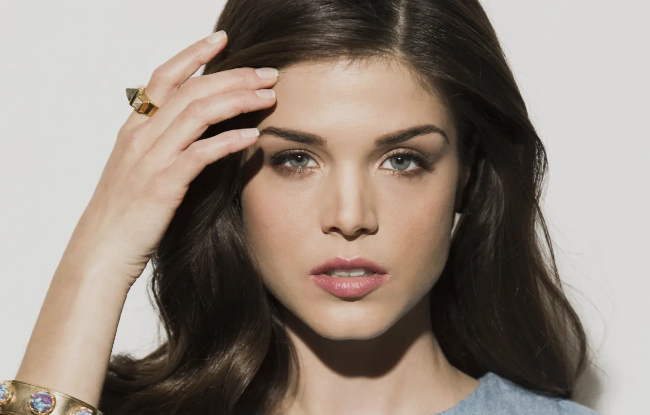 Photo wallpaper look, pose, portrait, hands, actress, brunette, hairstyle, hair