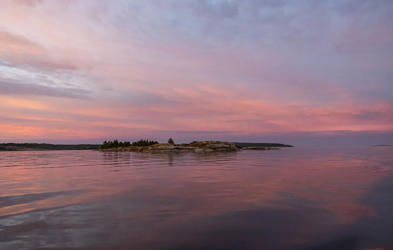 Photo wallpaper summer, the sky, water, sunset, lake, North, red sunset, Lake Ladoga