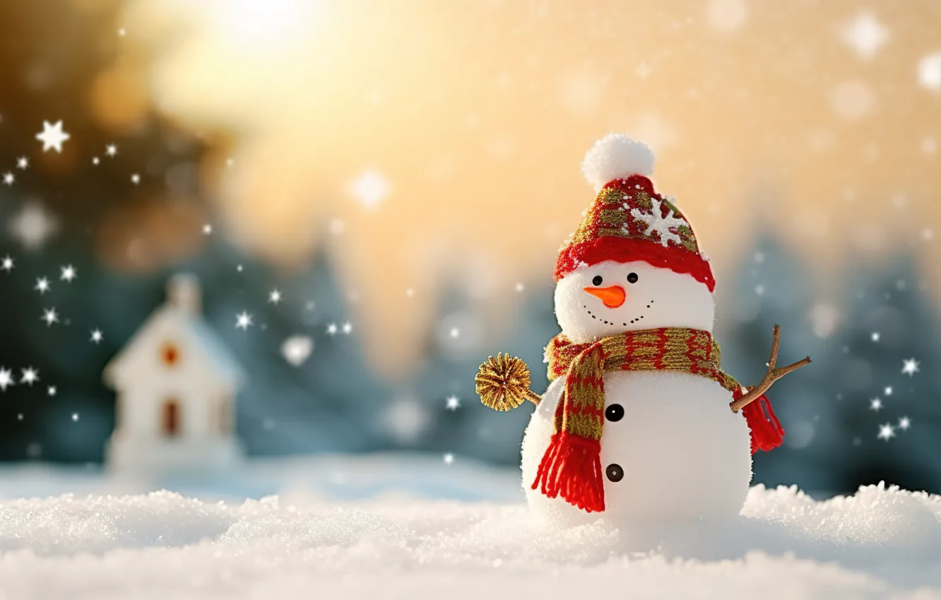Photo wallpaper winter, snow, snowflakes, new year, Christmas, snowman, Christmas, winter