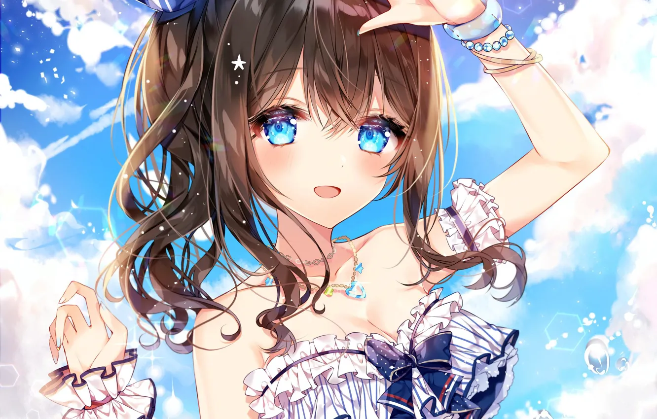 Photo wallpaper girl, sexy, cleavage, long hair, brown hair, boobs, anime, blue eyes