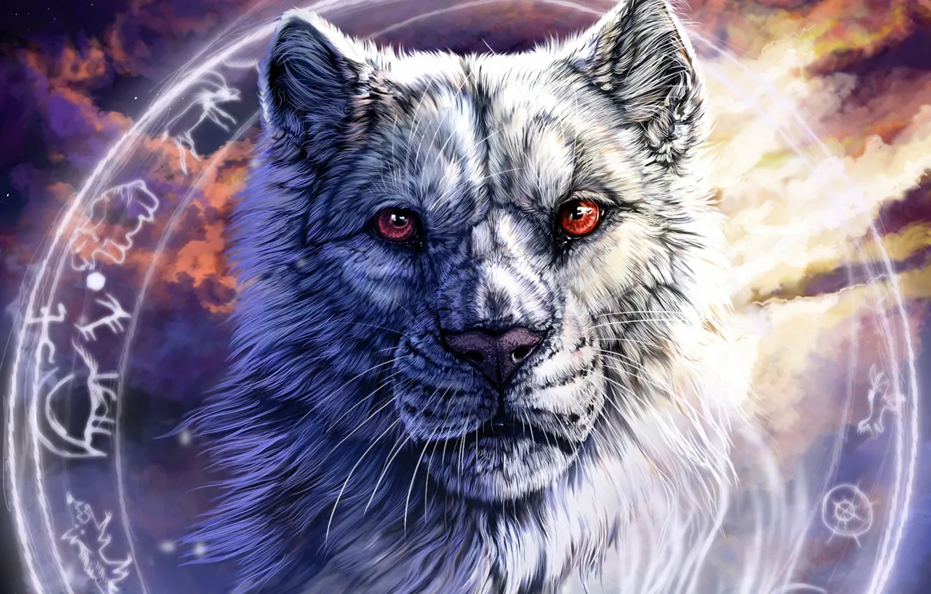Photo wallpaper face, wolf, round, characters, art, red eyes