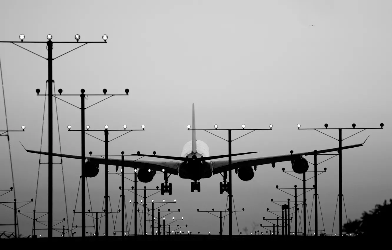 Photo wallpaper lights, aircraft, plane, landing, black and white, aviation, b/w, A340