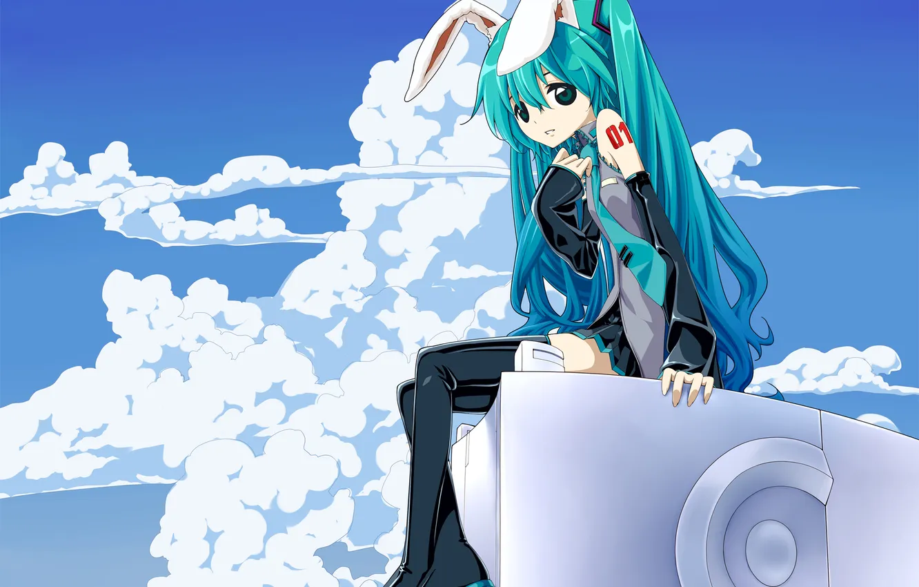 Photo wallpaper clouds, art, girl, speaker, ears, vocaloid, hatsune miku, Vocaloid