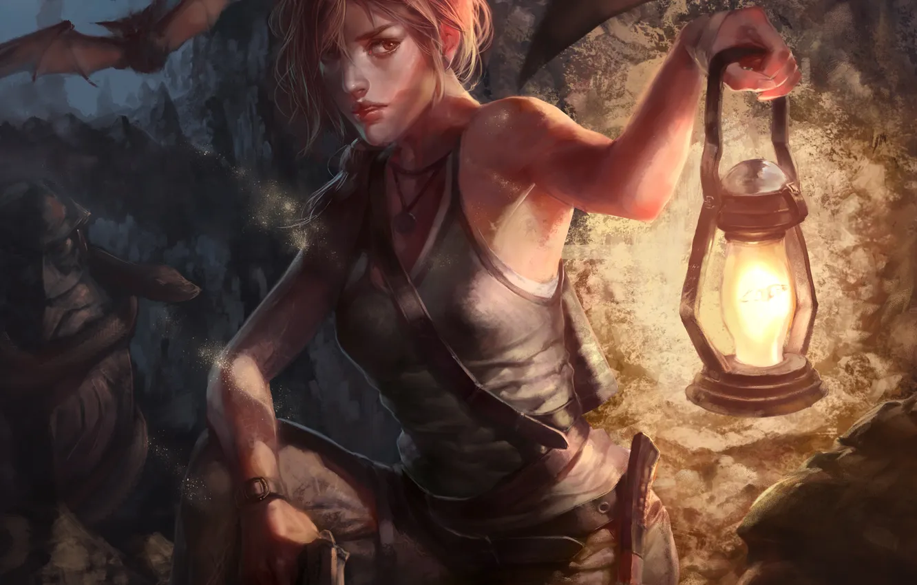 Wallpaper gun, Lara Croft, lantern, Tomb raider, bats, Mike, face, art ...