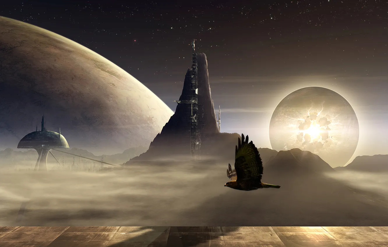 Photo wallpaper eyes, the city, bird, planet