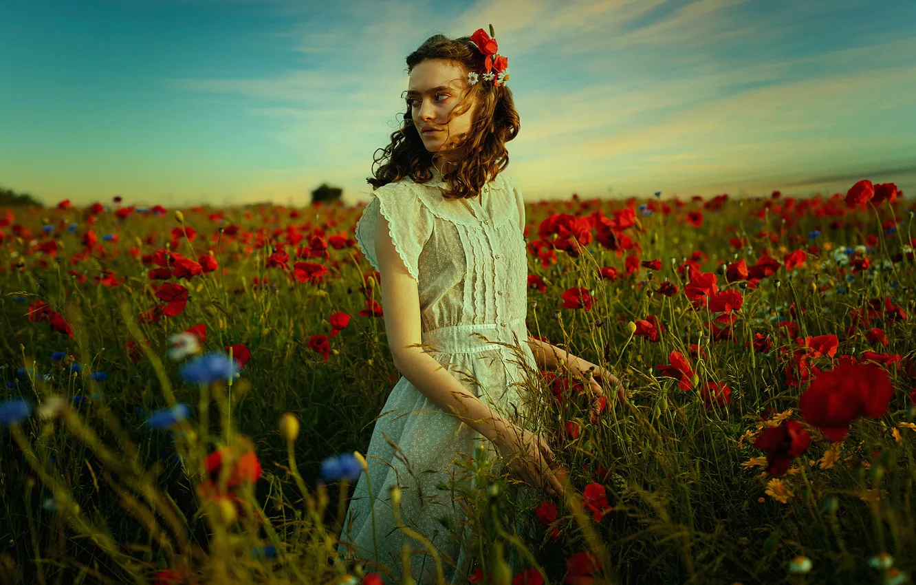 Photo wallpaper white, summer, the sky, look, girl, clouds, flowers, pose