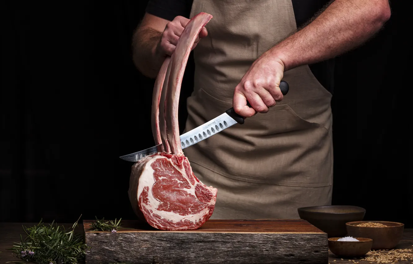 Photo wallpaper hands, knife, butcher, Butcher, steak, steak, Raaw Meat, Raw meat
