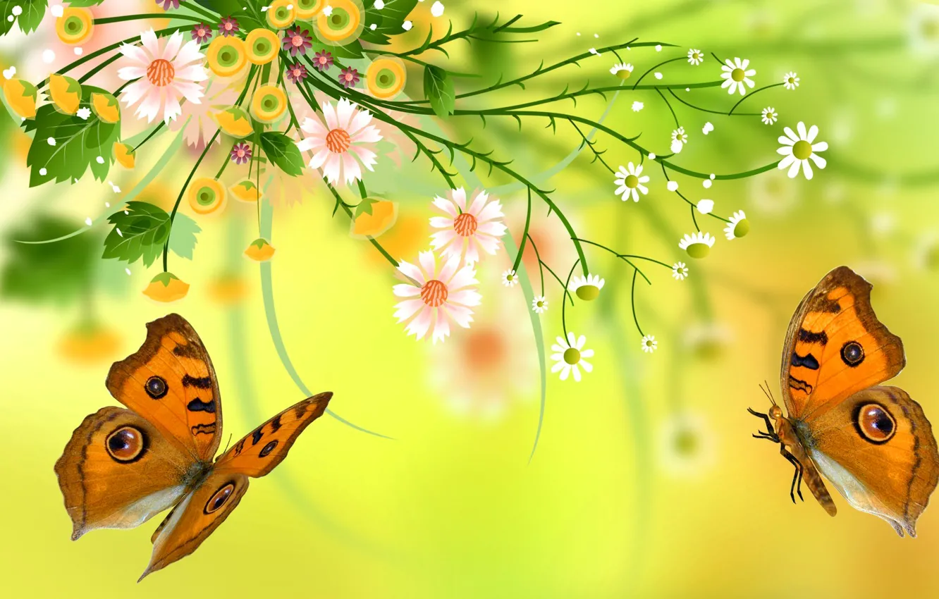 Photo wallpaper leaves, flowers, nature, butterfly, petals, moth