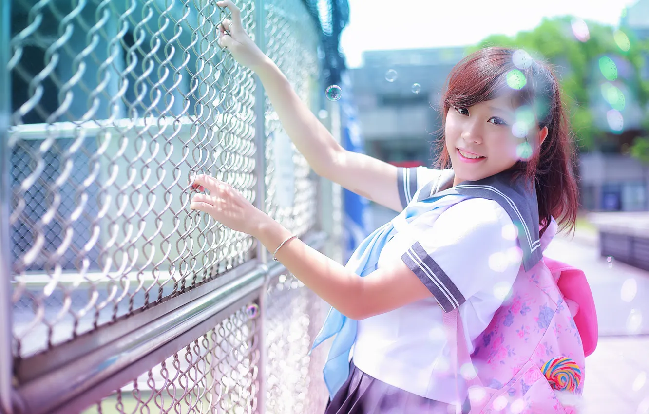 Photo wallpaper summer, look, girl, face, smile, hair, the fence, Asian