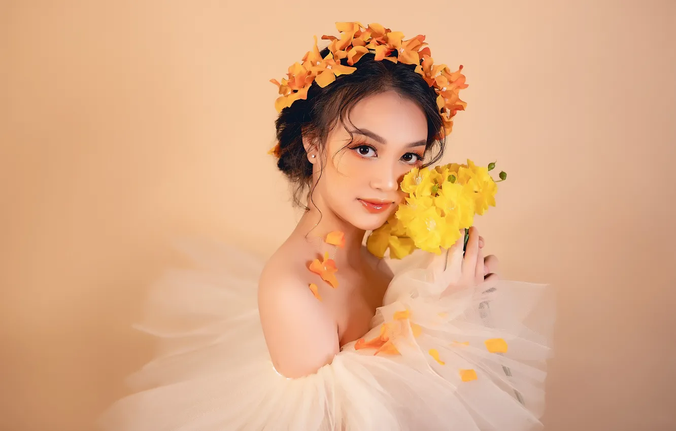 Photo wallpaper look, girl, bouquet, Asian, wreath