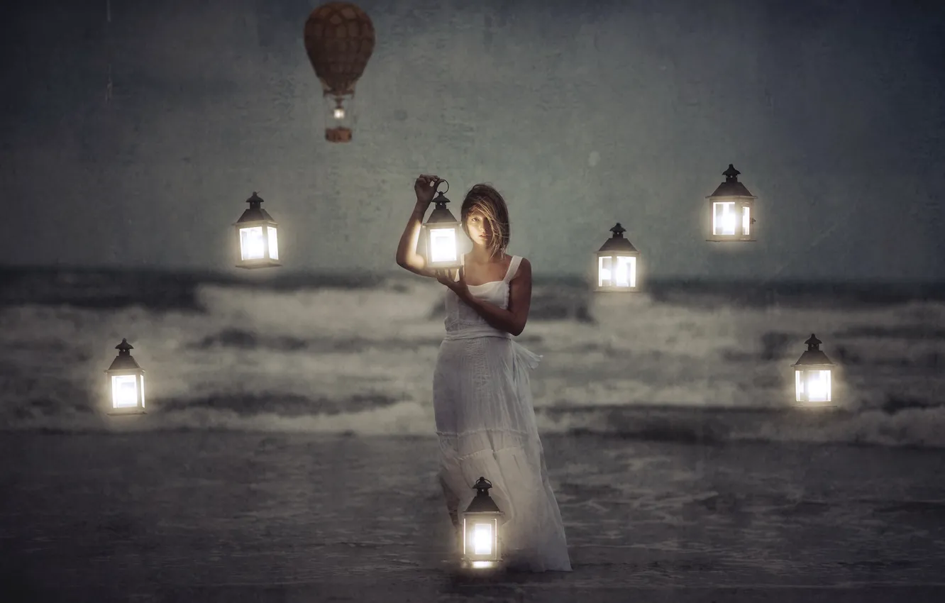 Photo wallpaper sea, girl, lights