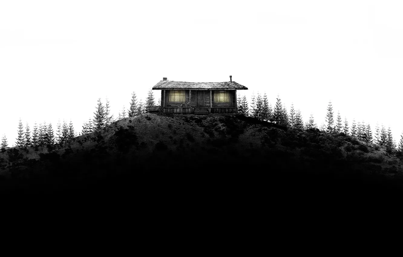 Photo wallpaper forest, trees, house, black and white, hill, house, hut, in the woods