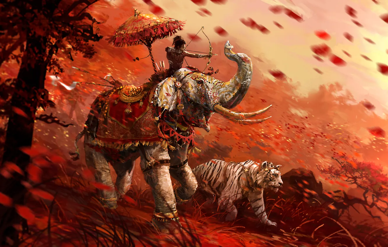 Photo wallpaper grass, tiger, elephant, warrior, Archer, Far Cry 4, Kyrat