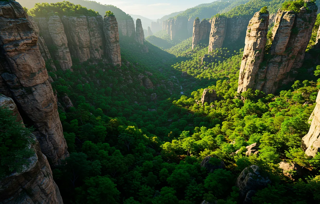 Photo wallpaper mountains, nature, the sun's rays, Wallpaper, haze, vegetation, the sky, rocks