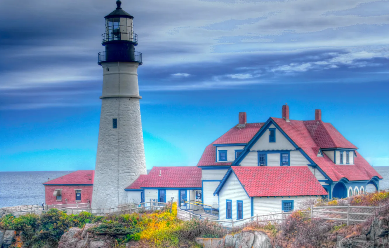 Photo wallpaper roof, sea, autumn, the sky, house, rocks, lighthouse, hdr
