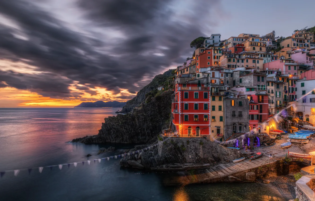 Photo wallpaper sea, landscape, mountains, rocks, home, the evening, pier, Italy