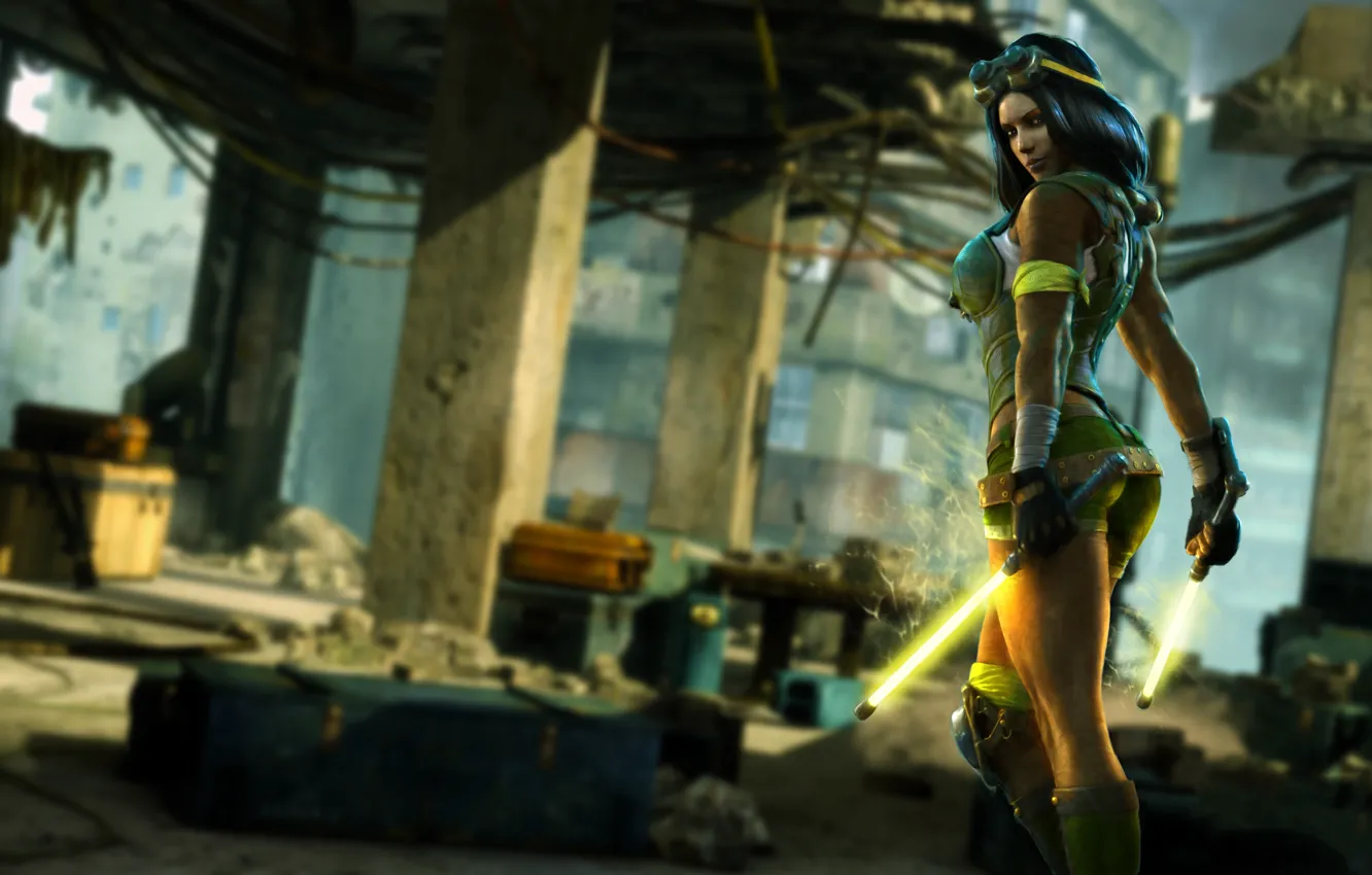 Photo wallpaper look, girl, building, sword, gloves, fighter, box, Orchid