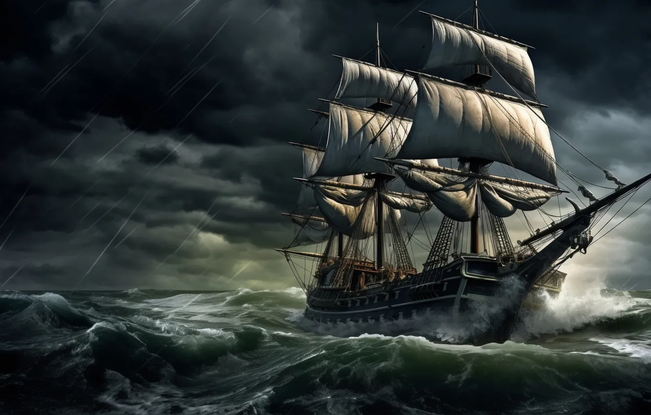 Photo wallpaper sea, wave, clouds, rain, ship, sailboat, digital art, AI art