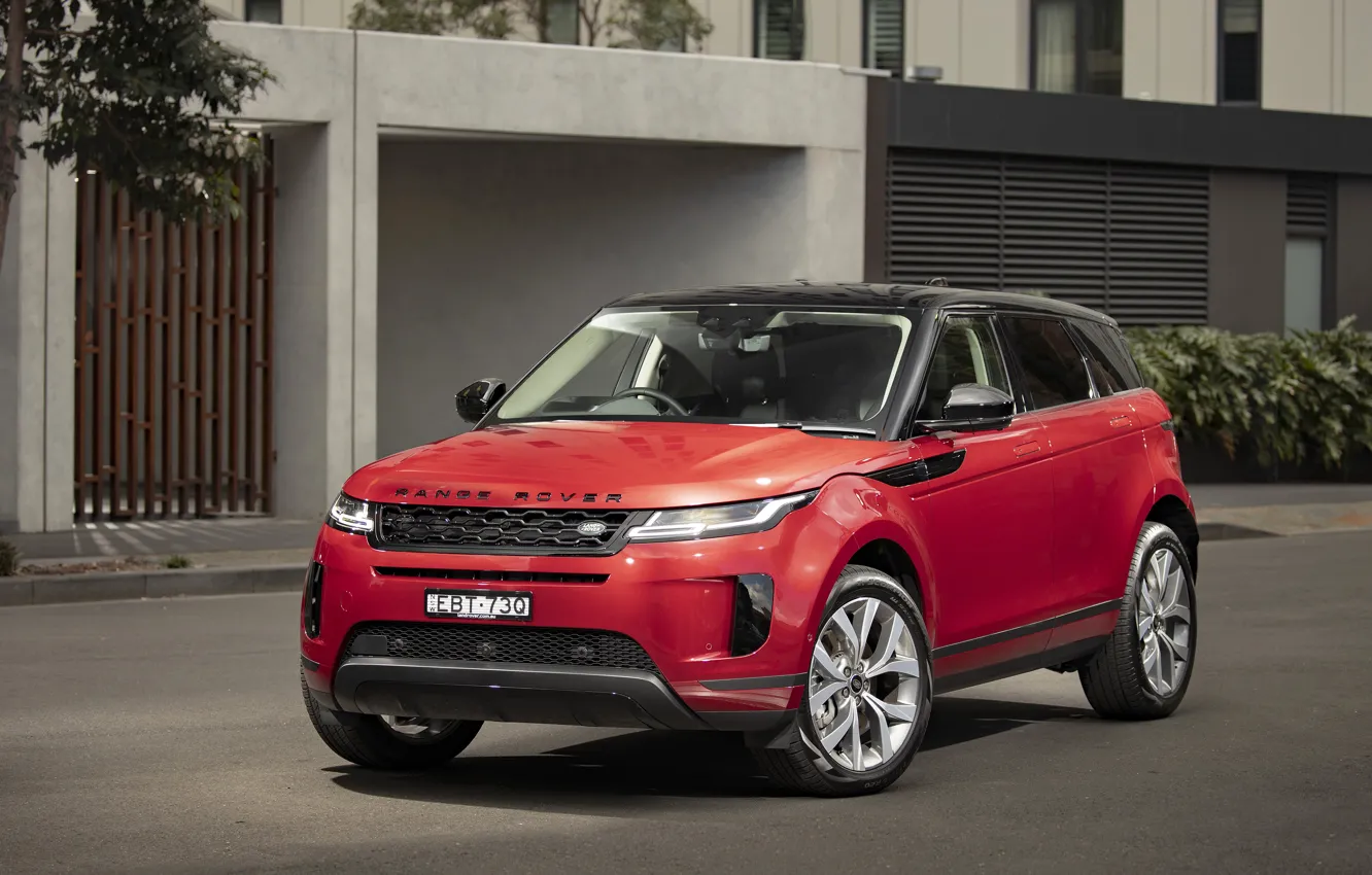 Photo wallpaper road, red, the building, Land Rover, Evoque, crossover, D240
