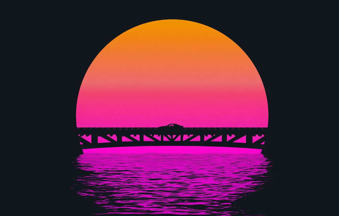 Photo wallpaper Sunset, The sun, Bridge, Music, Silhouette, Background, 80s, Neon