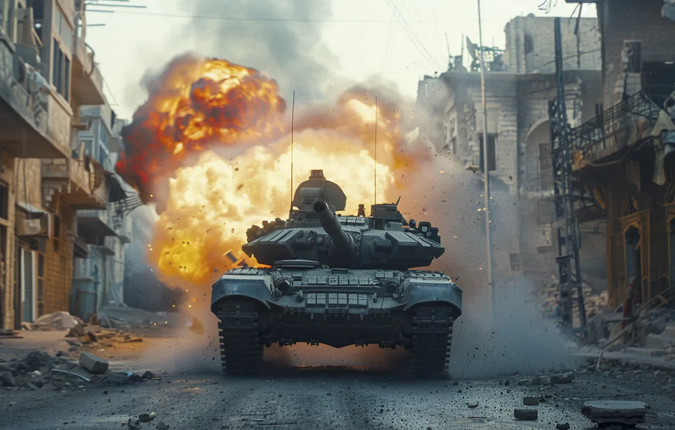 Photo wallpaper the explosion, lights, smoke, home, tank, front, digital art, AI art