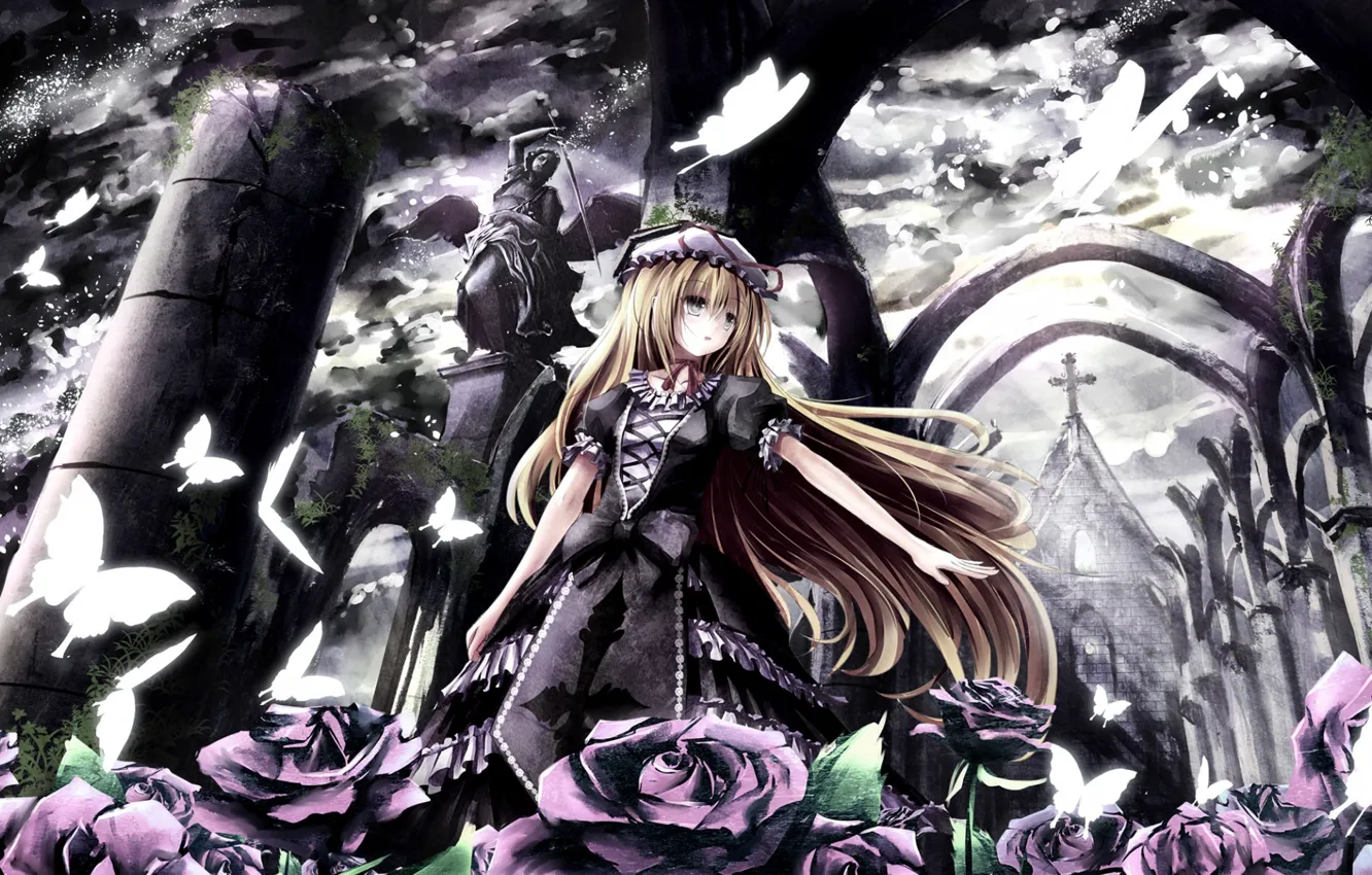Photo wallpaper night, cross, cemetery, ruins, game, touhou, black magic, Yukari Yakumo