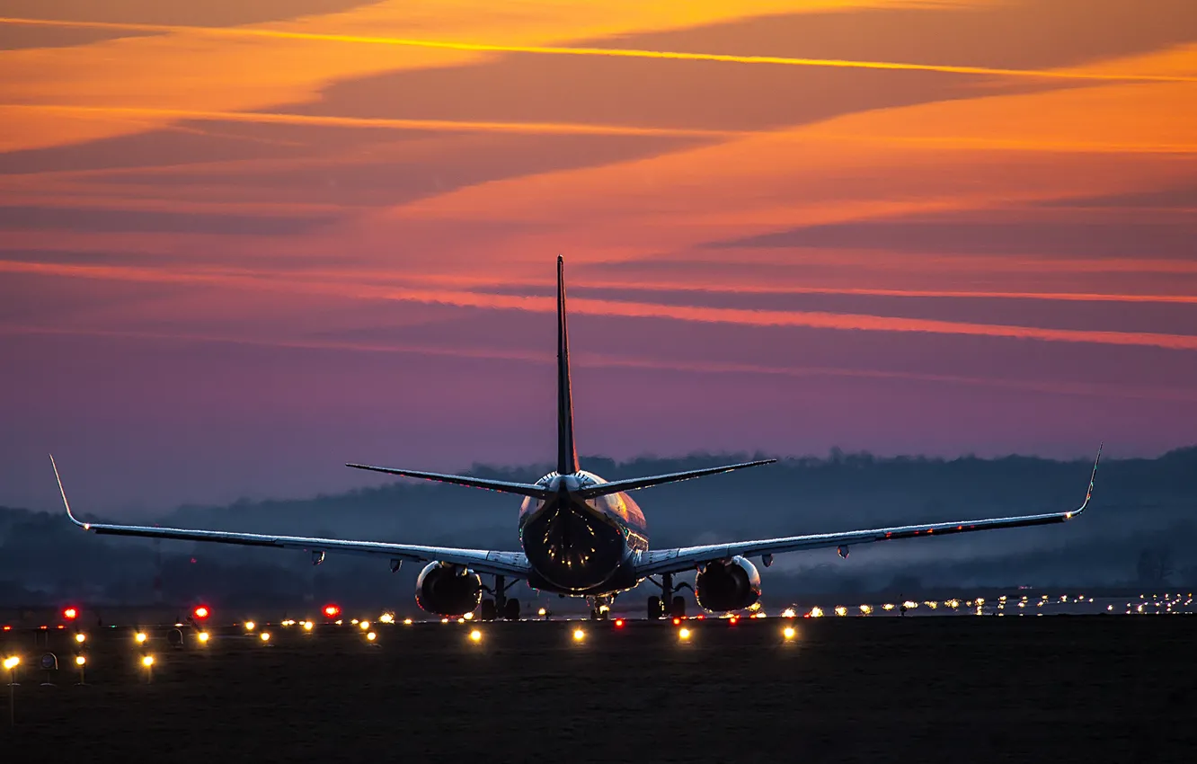 Photo wallpaper lights, dawn, airport, the plane, Airbus