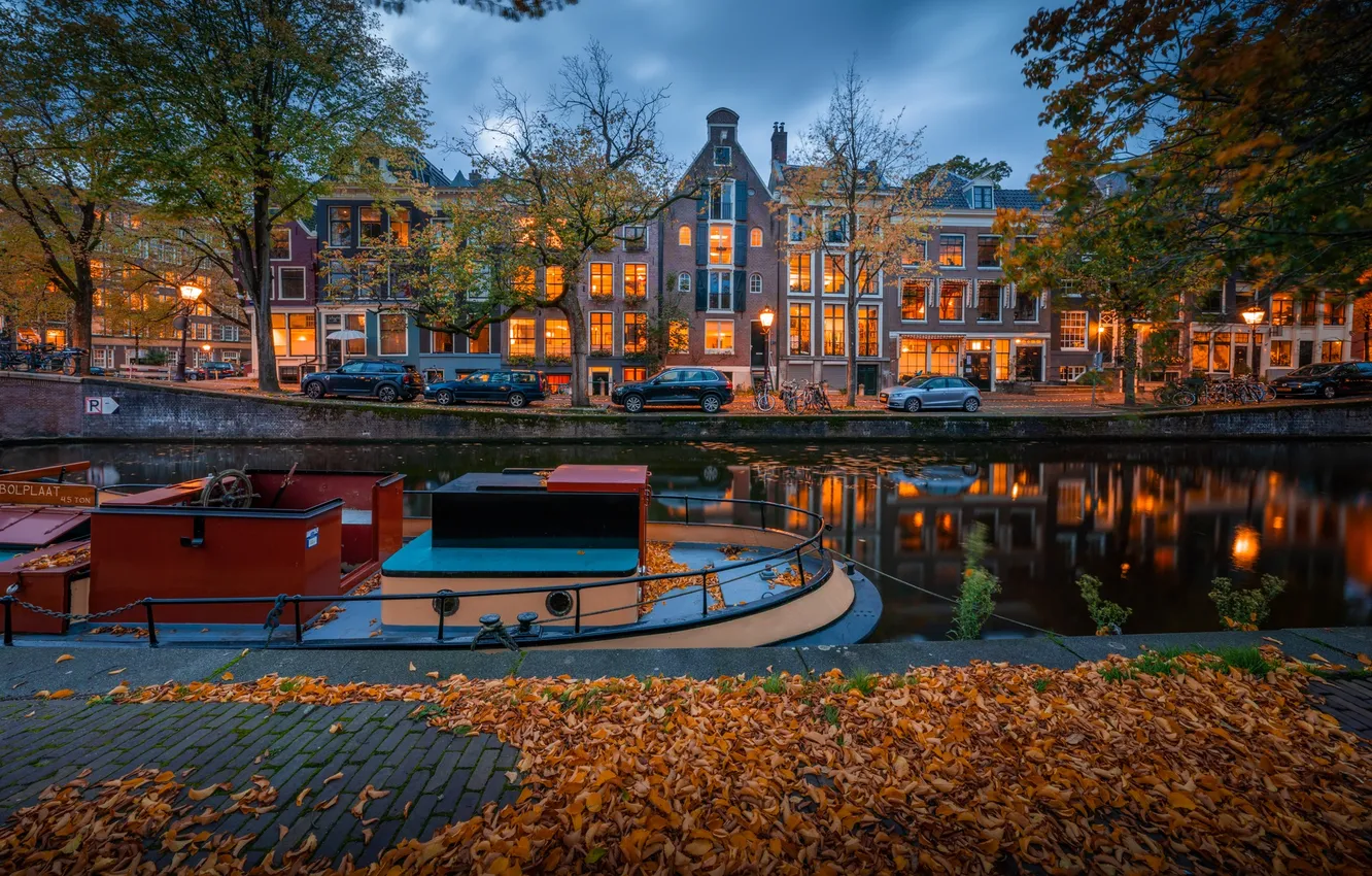 Photo wallpaper autumn, building, home, Amsterdam, channel, Netherlands, promenade, Amsterdam