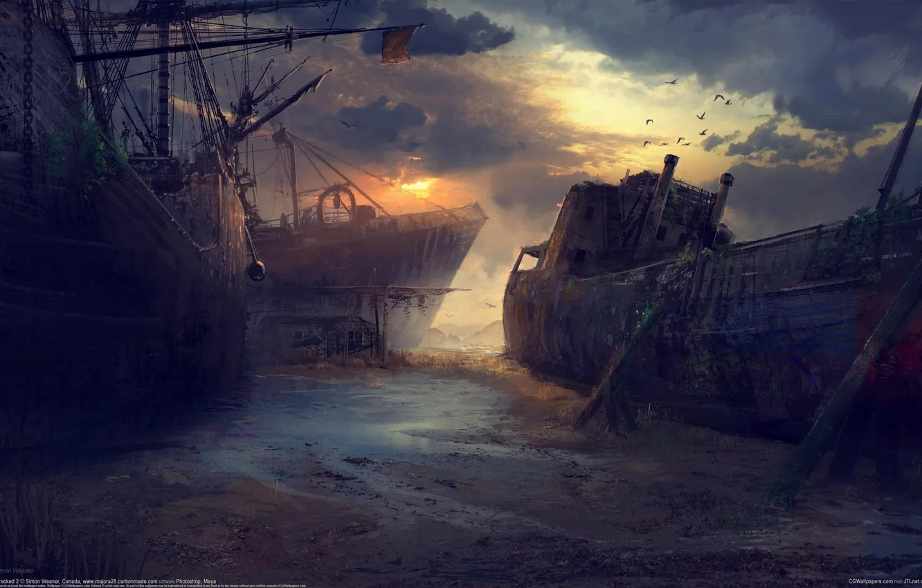 Photo wallpaper clouds, bird, ship, the skeleton, art, ruins, hut, stranded