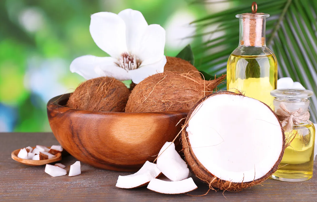 Photo wallpaper flowers, coconut, bowl, slices, coconut oil