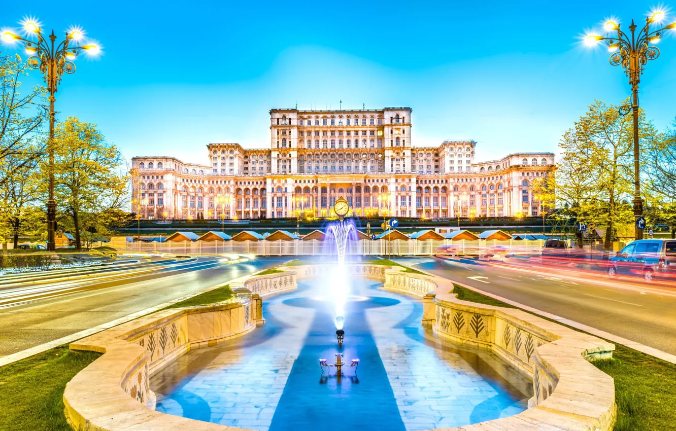 Photo wallpaper lights, fountain, Romania, Bucharest
