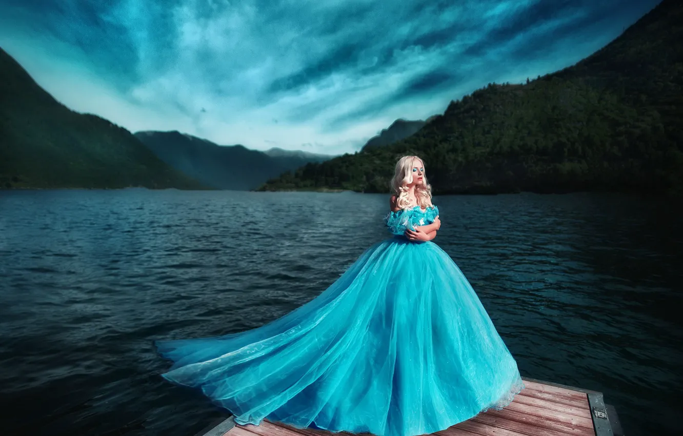 Photo wallpaper girl, blue, shore, dress, blonde, photographer, Princess, pond