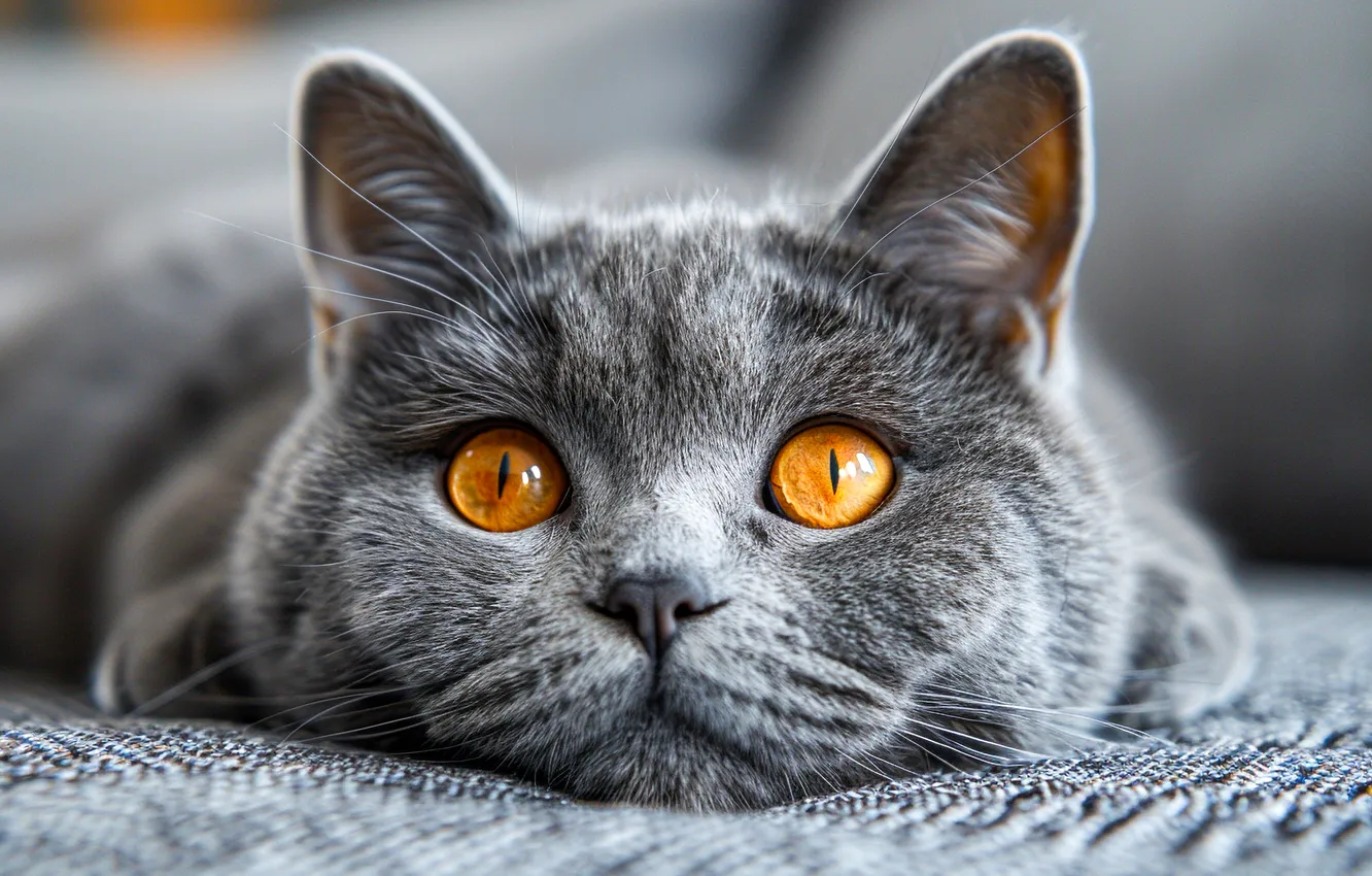 Photo wallpaper cat, cat, look, pose, grey, portrait, lies, face