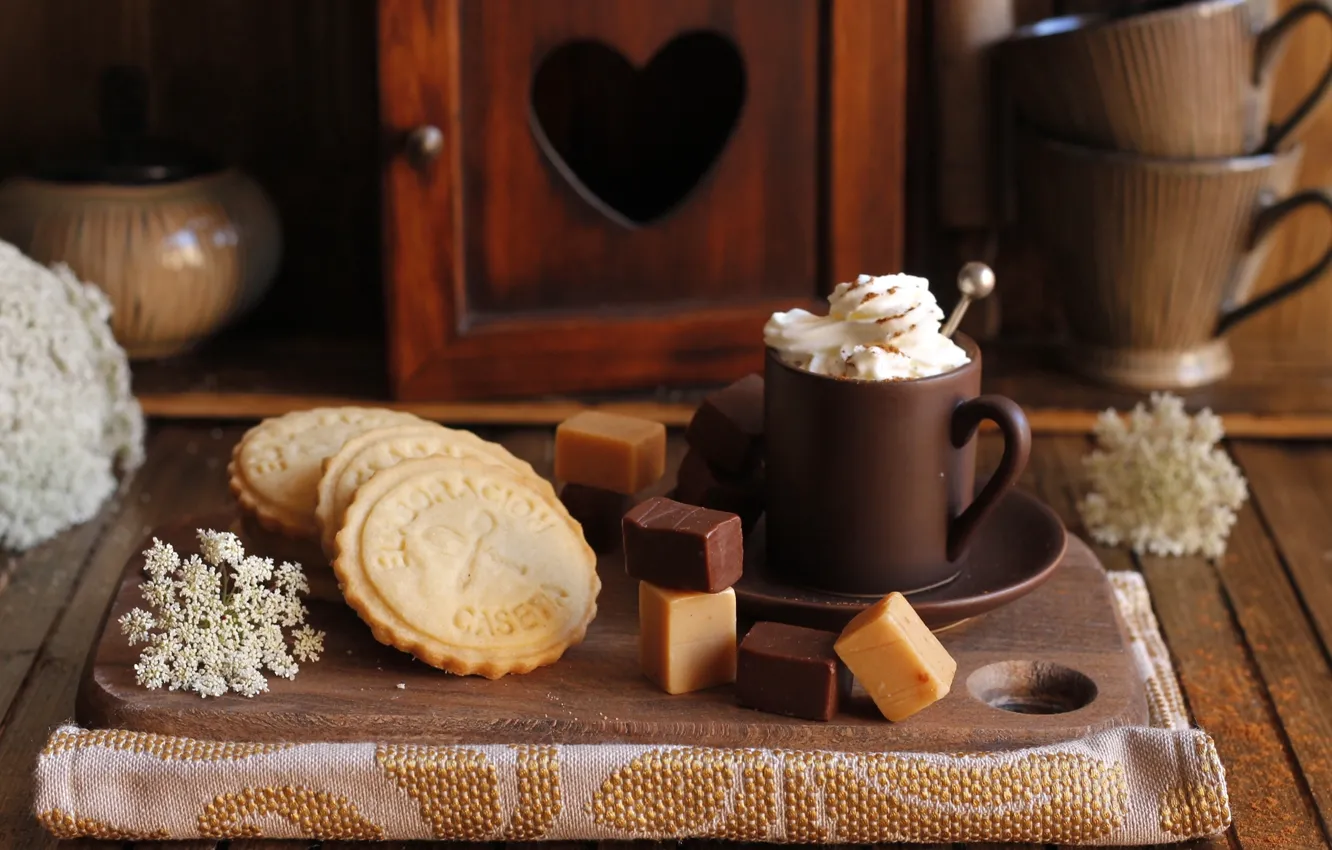 Photo wallpaper coffee, cookies, cream, candy, Cup, sweets, Board, saucer